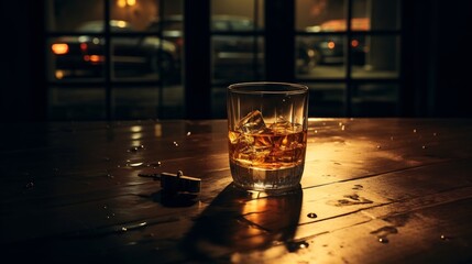 Dramatic image of a car key submerged in a glass of whiskey creating a striking visual metaphor about the relationship between transportation luxury and the complexities of life