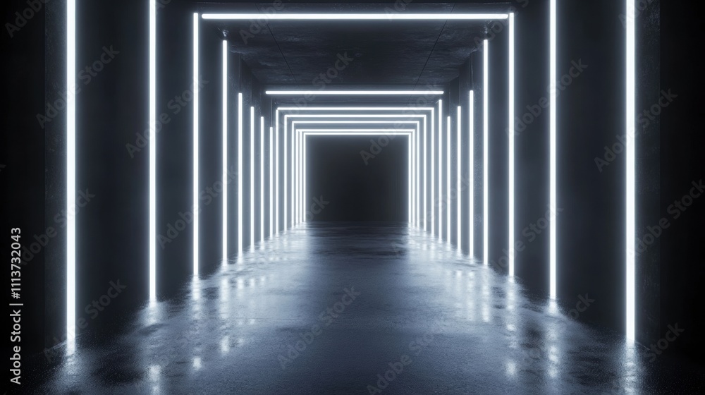 Poster futuristic corridor with glowing neon lights creating a mesmerizing effect.