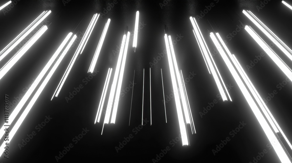 Poster a dynamic arrangement of bright, vertical light tubes descending against a dark backdrop, creating a