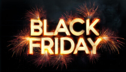 Burning text Black Friday on dark backdrop. Big sale offer.