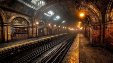 Obraz premium Mysterious Underground Railway Station in a Dimly Lit Tunnel