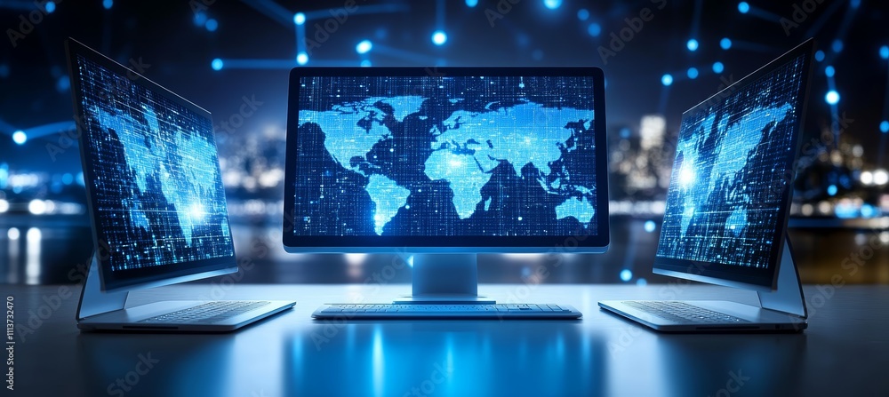 Aufkleber World map on computer screen. Global internet network telecom and communication. Generative AI technology.	
