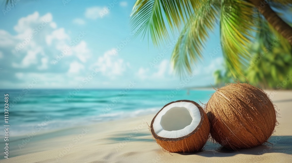 Poster two coconuts on a serene beach with turquoise waters and palm trees swaying in the gentle breeze.