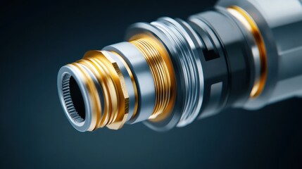 Detailed view of a shiny metallic component with gold accents, showcasing precision engineering and industrial craftsmanship.
