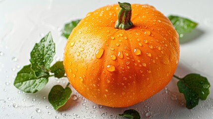 A vibrant orange pumpkin with water droplets and green leaves on a light surface.