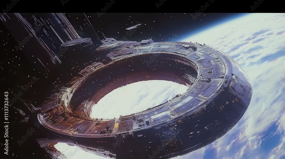 Poster A large, advanced colony ship orbits above Earth, showcasing its intricate design and structure against the backdrop of a starry sky.