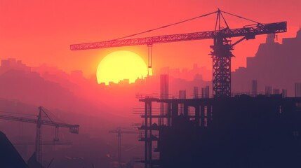 Naklejka premium Skyscraper construction and tower crane at Sunrise.