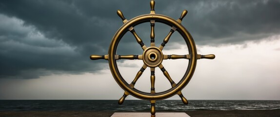Antique brass ship's wheel set against a dramatic stormy sky, evoking adventure