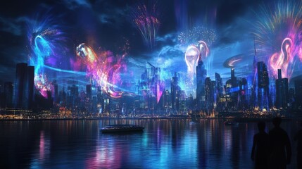 Urban Skyline with Cascading Fireworks Display