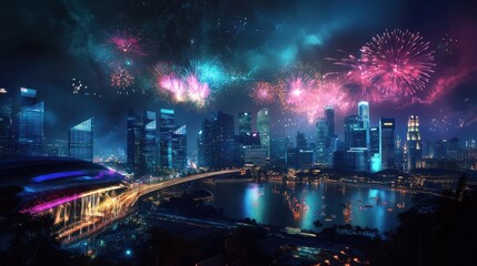 Urban Skyline Illuminated by Fireworks Celebration
