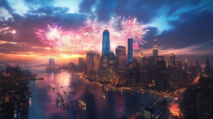 Urban Skyline with Cascading Fireworks Display