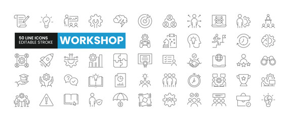 Set of 50 Workshop line icons set. Workshop outline icons with editable stroke collection. Includes Briefing, Brainstorming, Strategy, Gamification, Education, and More.