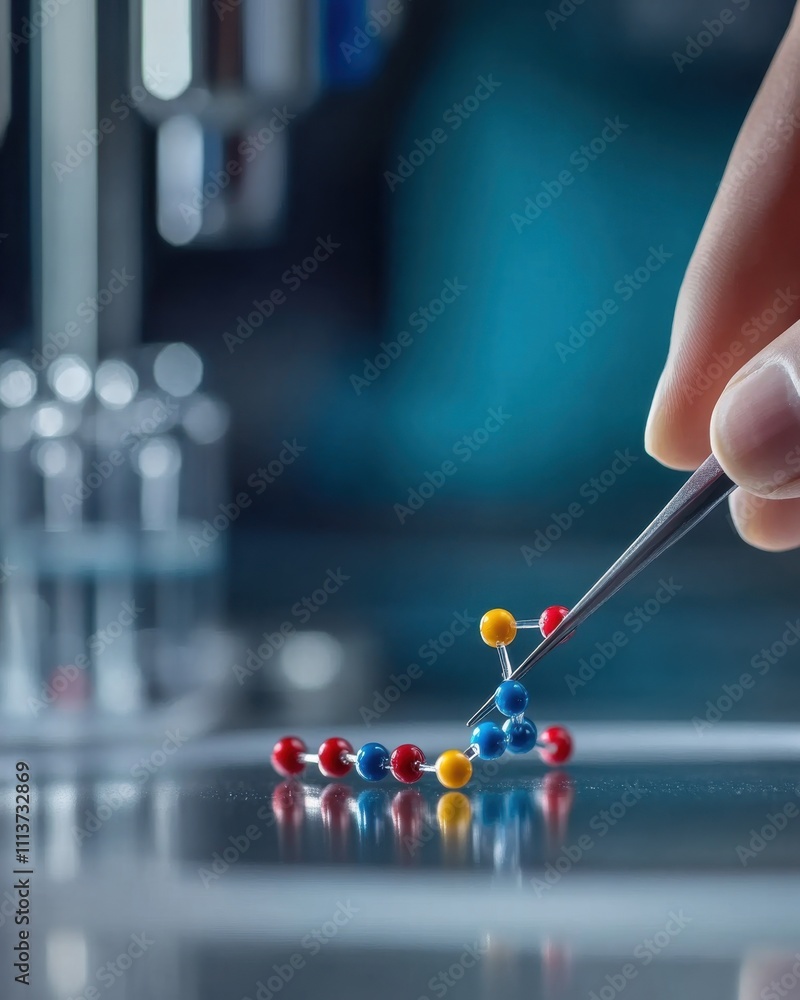 Poster the hand of a scientist meticulously positions colorful molecular models on a lab surface, showcasin