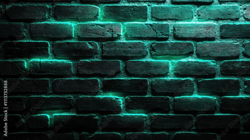 Poster textured dark brick wall illuminated with a soft teal light, creating a moody atmosphere.