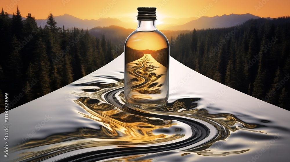 Poster surreal digital depicting a road seamlessly transforming into a stream of alcohol pouring out of a b