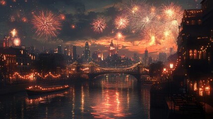 Glowing Cityscape with Fireworks Over Riverside