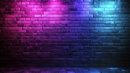 Colorful illuminated brick wall with gradients of pink and blue hues, creating a vibrant atmosphere.