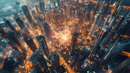 Aerial View of Modern City Illuminated at Night