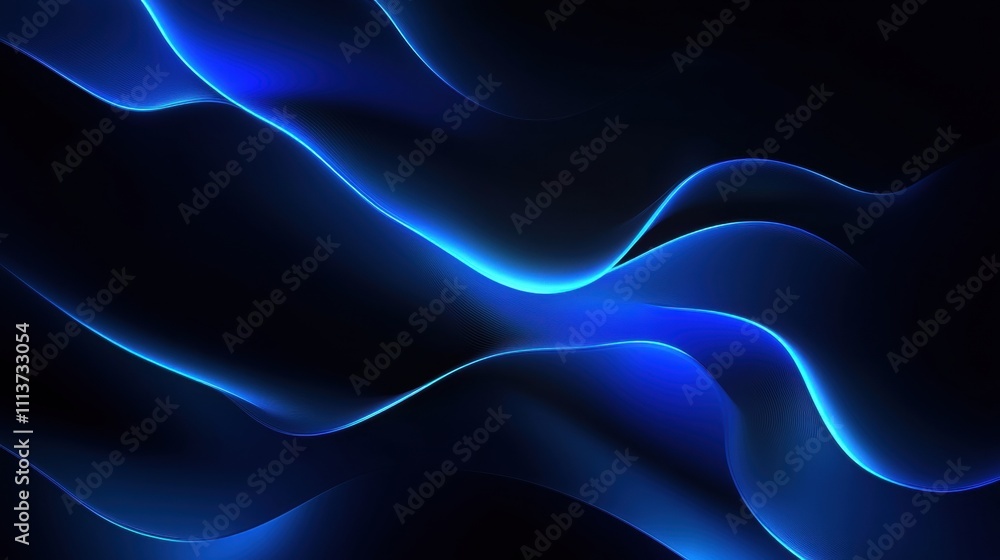 Poster sleek abstract blue waves flowing across a dark background, creating a sense of movement and depth.