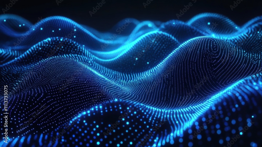 Poster a mesmerizing wave of blue digital dots, creating a dynamic and futuristic landscape.