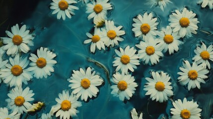 Obraz premium White daisies floating on dark teal water.