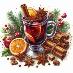 Mulled wine watercolor illustration isolated on transparent. Christmas png file for art work.
