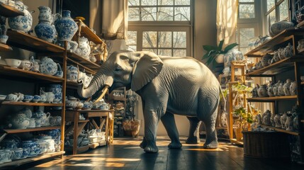 The large elephant stands awkwardly among shelves filled with china, creating a surprising contrast in the quaint antique shop, illuminated by soft light.