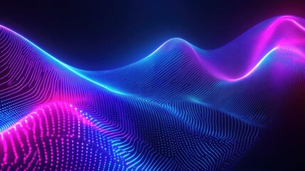 A vibrant abstract wave of glowing blue and pink lines creates a dynamic digital landscape.
