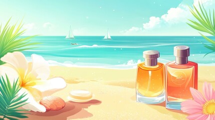 Obraz premium Two elegant perfume bottles on a sunny beach, surrounded by tropical flowers, evoking a sense of relaxation and luxury.