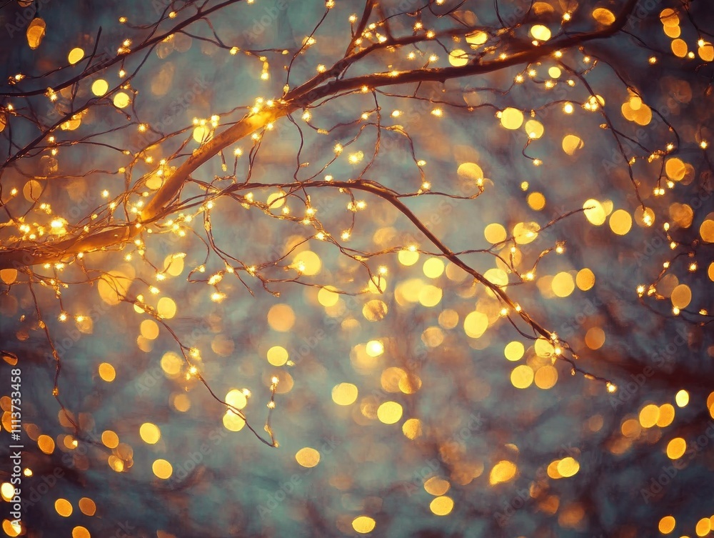 Poster A captivating display of soft, glowing fairy lights hangs gracefully from branches, creating a magical atmosphere during twilight hours.