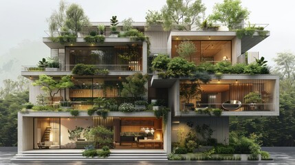 Fototapeta premium Modern multi-level house integrated with greenery and natural elements.