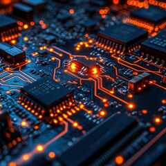 Fototapeta premium A close-up view of a printed circuit board with illuminated pathways and components.
