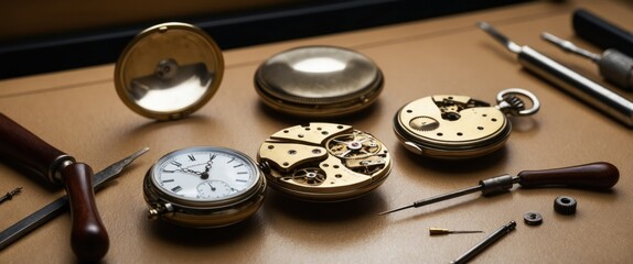 An antique pocket watch disassembled on a watchmaker's desk, showcasing craftsmanship