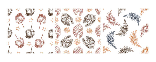 Christmas seamless pattern with gingerbread houses, poinsettias, and candy apples