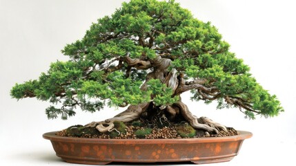 A beautifully shaped bonsai tree in a ceramic pot, showcasing artistry in plant cultivation.