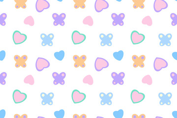 Playful seamless pattern with pastel-colored hearts and butterflies, perfect for childrens designs or decor.