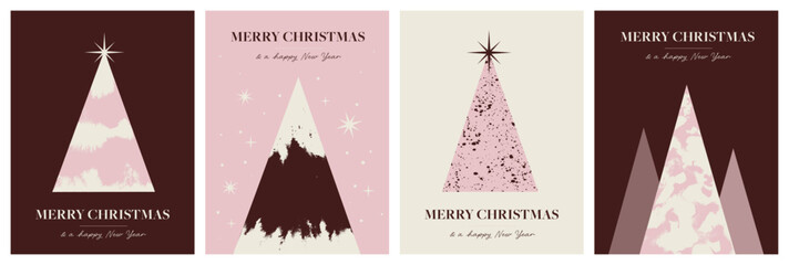 Set of Christmas Cards with Geometric Christmas Trees with Beautiful Ink Texture