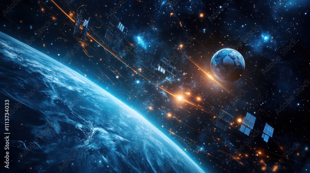 Aufkleber earth is prominently featured in the foreground, showcasing its blue oceans and clouds, while satell