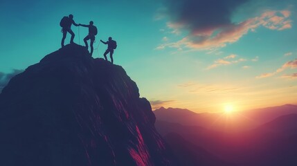 Silhouetted hikers helping each other reach a mountain summit at sunset.
