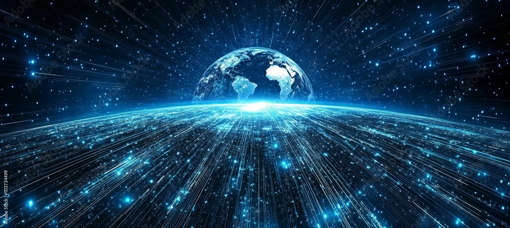 Poster Earth world globe with data wave. Global internet network telecom and communication. Generative AI technology.	
