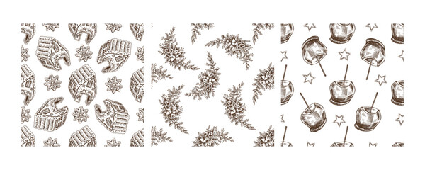 Christmas seamless pattern with gingerbread houses, poinsettias, and candy apples