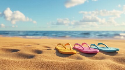 Obraz premium Colorful beach flip-flops in yellow, pink, and blue resting on warm sandy beach, with a tranquil ocean backdrop.