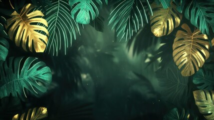 Neon-accented tropical leaves in green and gold tones cascade across a shadowed background, illuminated softly, with ample text space in the center.