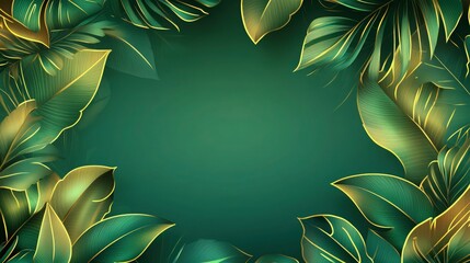 A luxurious green and gold abstract background with tropical foliage, leaves highlighted by neon outlines, creating a bold, elegant space with room for text.