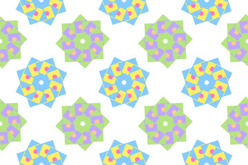 Seamless colorful pattern featuring kaleidoscopic floral shapes with geometric and circular details.