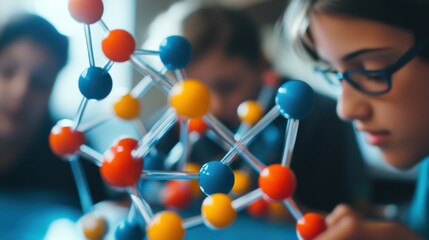 In a lively chemistry classroom, students focus on constructing colorful molecular models, collaborating and sharing ideas on the importance of molecular structures in science.