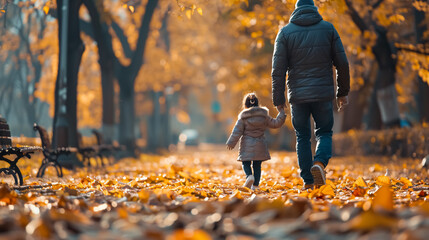 A happy father and daughter enjoy a walk through autumn leaves in the park, capturing the essence of fatherhood and family adventures with space for text.