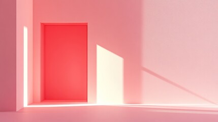 Minimalist pink room with sunlight and door.