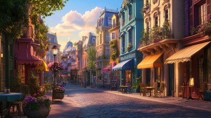 Obraz premium A picturesque street scene showcases vibrant cafes and pastel-colored buildings bathed in the warm glow of sunset. Flowers decorate the outdoor seating areas, enhancing the inviting atmosphere.