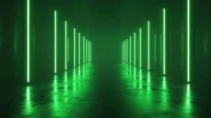 Naklejka premium A mesmerizing corridor illuminated by vibrant green neon lights creating an otherworldly atmosphere.